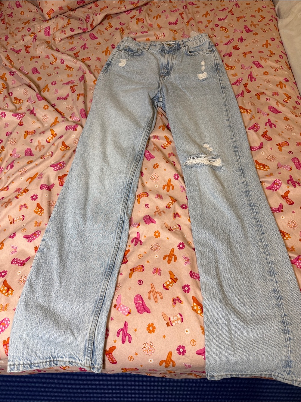 Zara Light Blue Wide Leg Distressed Jeans
